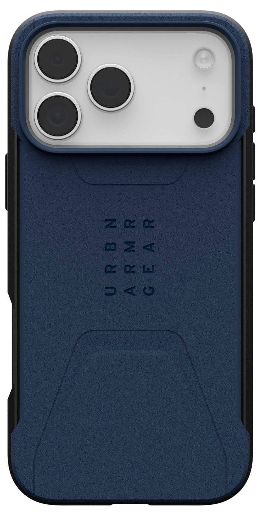 Eine blaue Schutzhülle für ein Smartphone mit drei Aussparungen für Kameraobjektive, beschriftet mit 'Urban Armor Gear'.