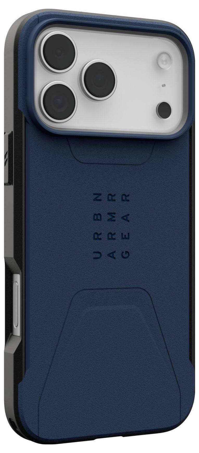 Eine dunkelblaue und schwarze Handyhülle mit einer Kameraausschnitt, auf der Rückseite der Text ‚URBN ARMR GEAR' zu sehen. Drei Kameraobjektivöffnungen.