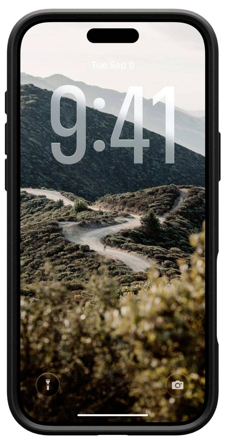 Ein Smartphone zeigt einen Sperrbildschirm mit der Uhrzeit '9:41' über einem malerischen Bergpfad. Das angezeigte Datum ist 'Di, 8. Sep'.
