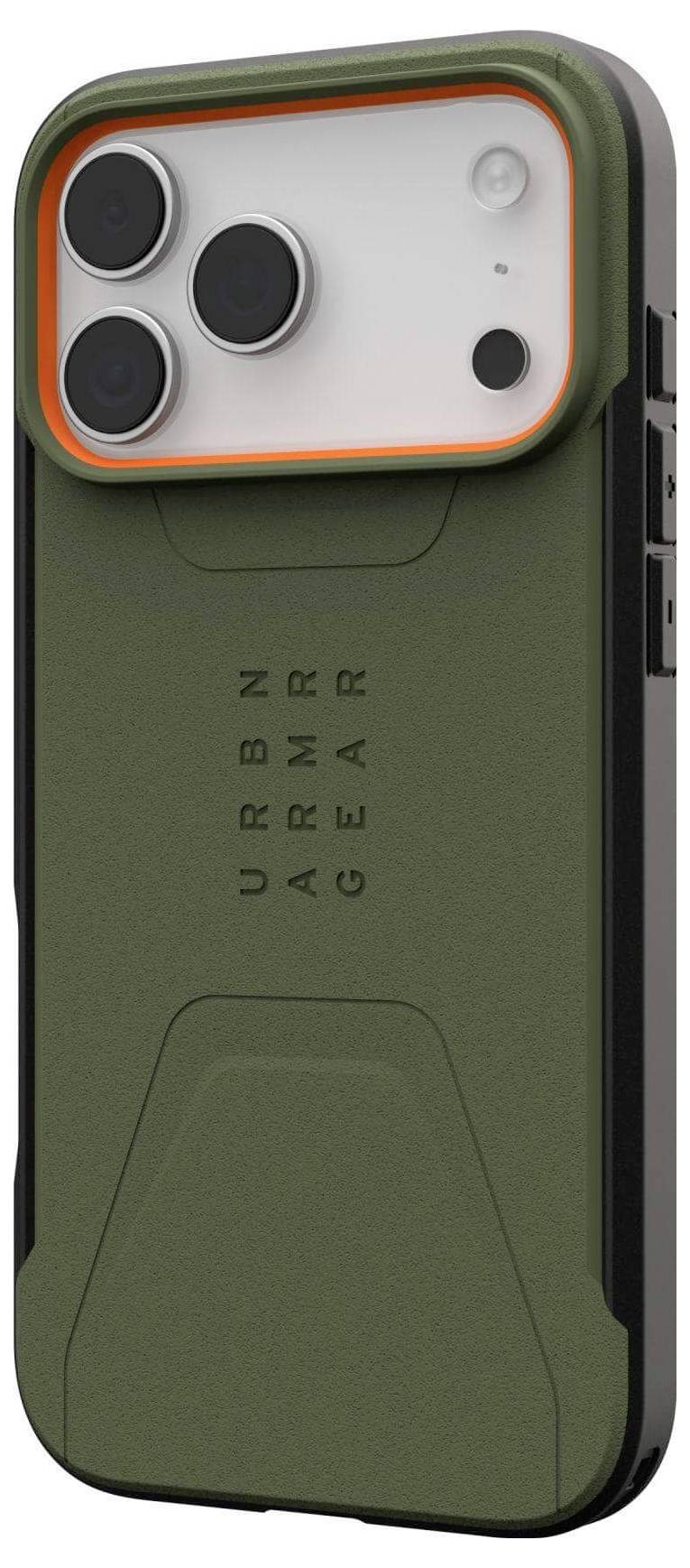 Ein robustes grünes Handyhülle mit drei großen Kameralinsen-Ausschnitten und dem Text ‚URBN ARMR GEAR', der auf der Rückseite geprägt ist.