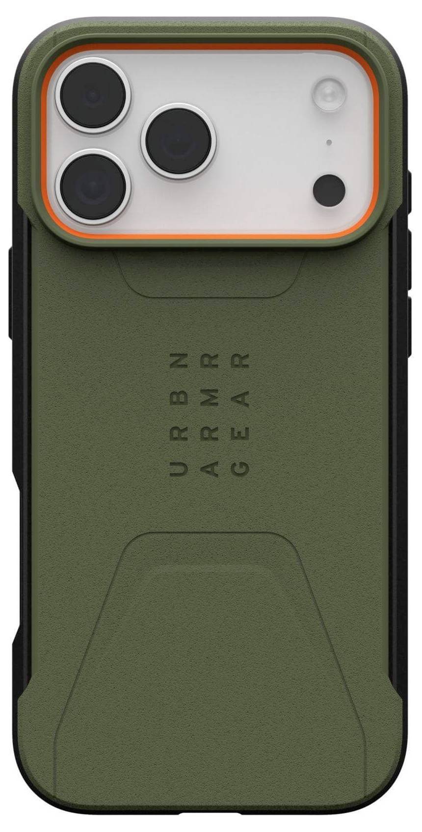 Ein grün-schwarzer robuster Smartphone-Schutzrahmen mit drei Kameraobjektiv-Aussparungen und dem Text 'URBN ARMR GEAR' auf der Rückseite.