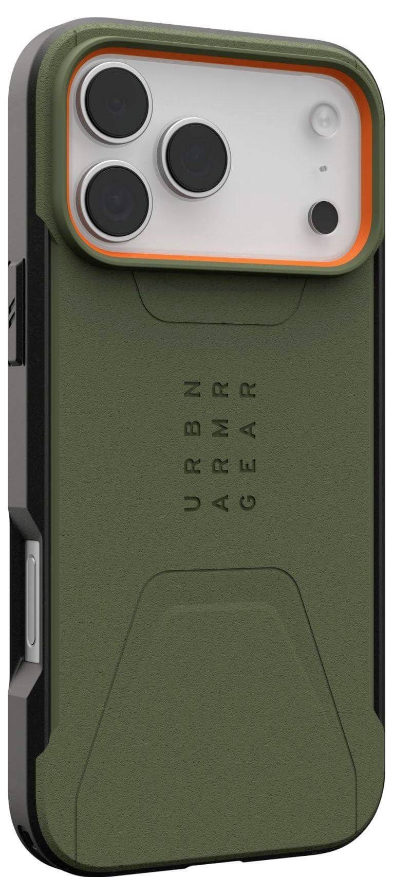 Ein grünes Urban Armor Gear Handygehäuse mit strukturierter Rückseite, orangefarbener Kante und schützendem Kameradeckel, geeignet für neuere Smartphone-Modelle.