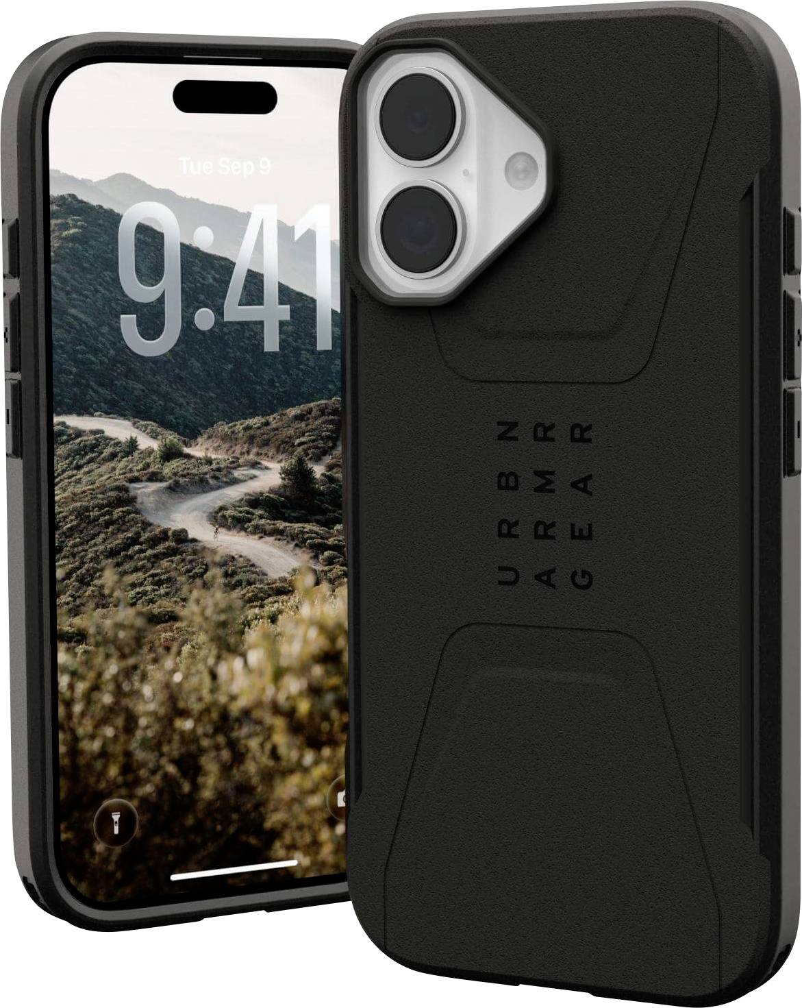 Zwei Smartphones mit robusten schwarzen Gehäusen, ausgestattet mit einem Dual-Kamera-System. Ein Telefon zeigt eine malerische Gebirgslandschaft auf seinem Bildschirm.