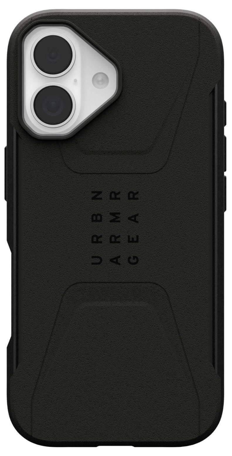 Ein robustes schwarzes Handyhülle mit strukturierter Griffoberfläche, in dessen Mitte der Markenname 'URBN ARMR GEAR' prangt und mit Aussparung für eine Doppelkamera versehen.