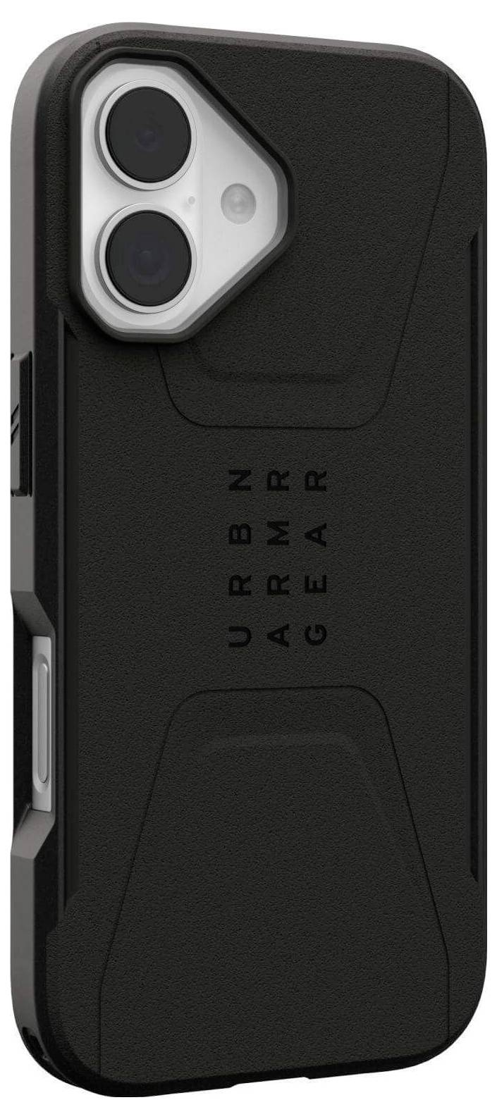 Schwarze iPhone-Hülle mit Ausschnitt für Dual-Kamera und vertikal auf der Rückseite geschriebenem 'URBN ARMR GEAR'.