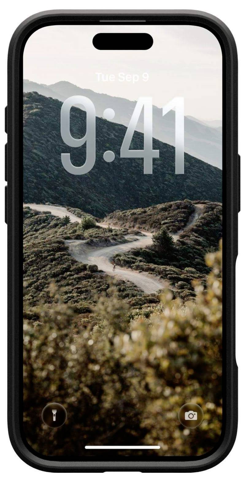 Ein Smartphone mit einem Sperrbildschirm, auf dem '9:41' und 'Di. 9. Sep.' zu sehen sind. Das Hintergrundbild zeigt einen gewundenen Bergweg inmitten felsiger Hügel.