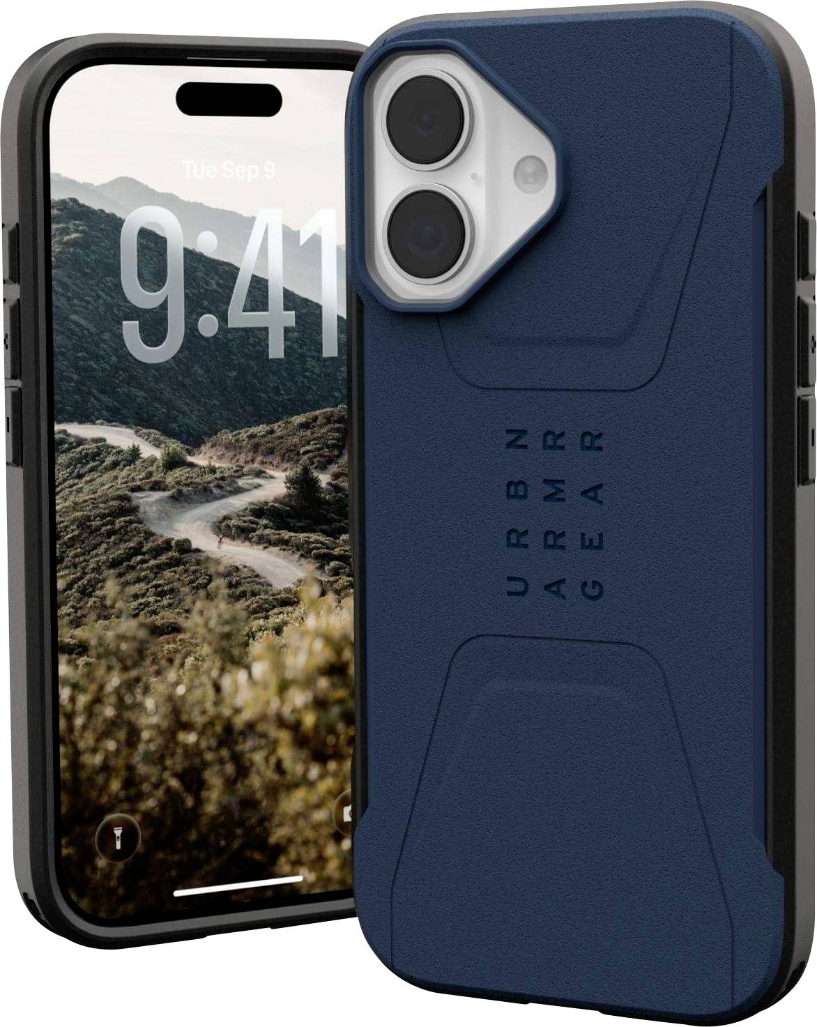 Eine robuste Handyhülle bedeckt ein aufrecht stehendes Smartphone, auf dessen Bildschirm eine Bergstraße zu sehen ist. Der Text auf der Hülle lautet „URBN ARMR GEAR