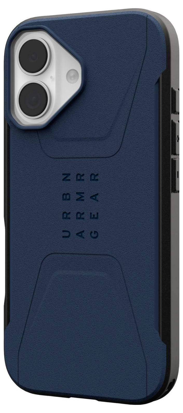 Ein robustes, blaues Handyhülle von Urban Armor Gear, entwickelt für Schutz mit verstärkten Ecken und strukturierter Griffoberfläche, von der Rückseite gezeigt.