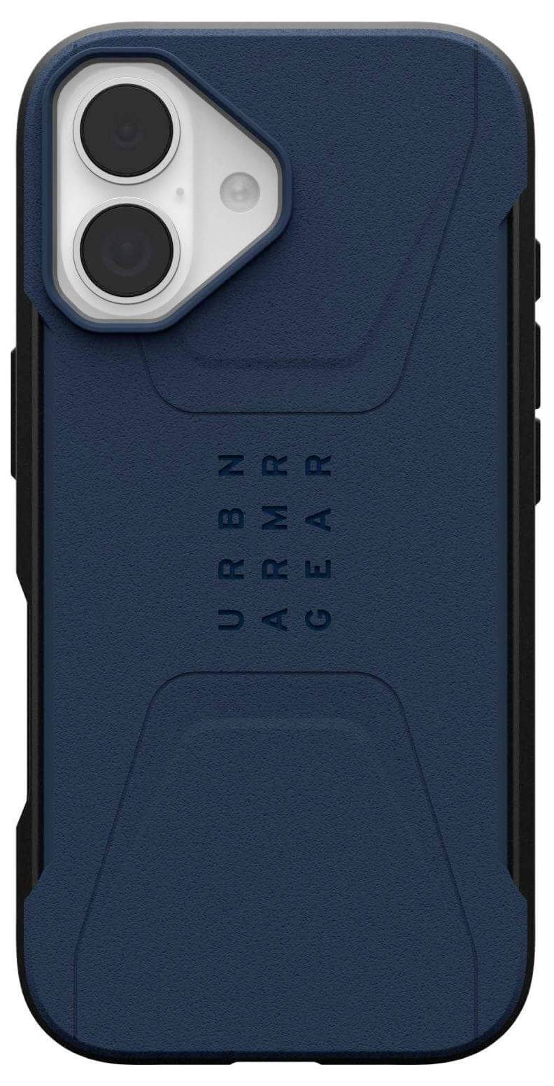 Schutzhülle für Mobiltelefon mit blauer Rückseite und schwarzen Kanten, versehen mit zwei Kameraausschnitten in der oberen linken Ecke, mit der Markenbezeichnung 'URBN ARMR GEAR'.