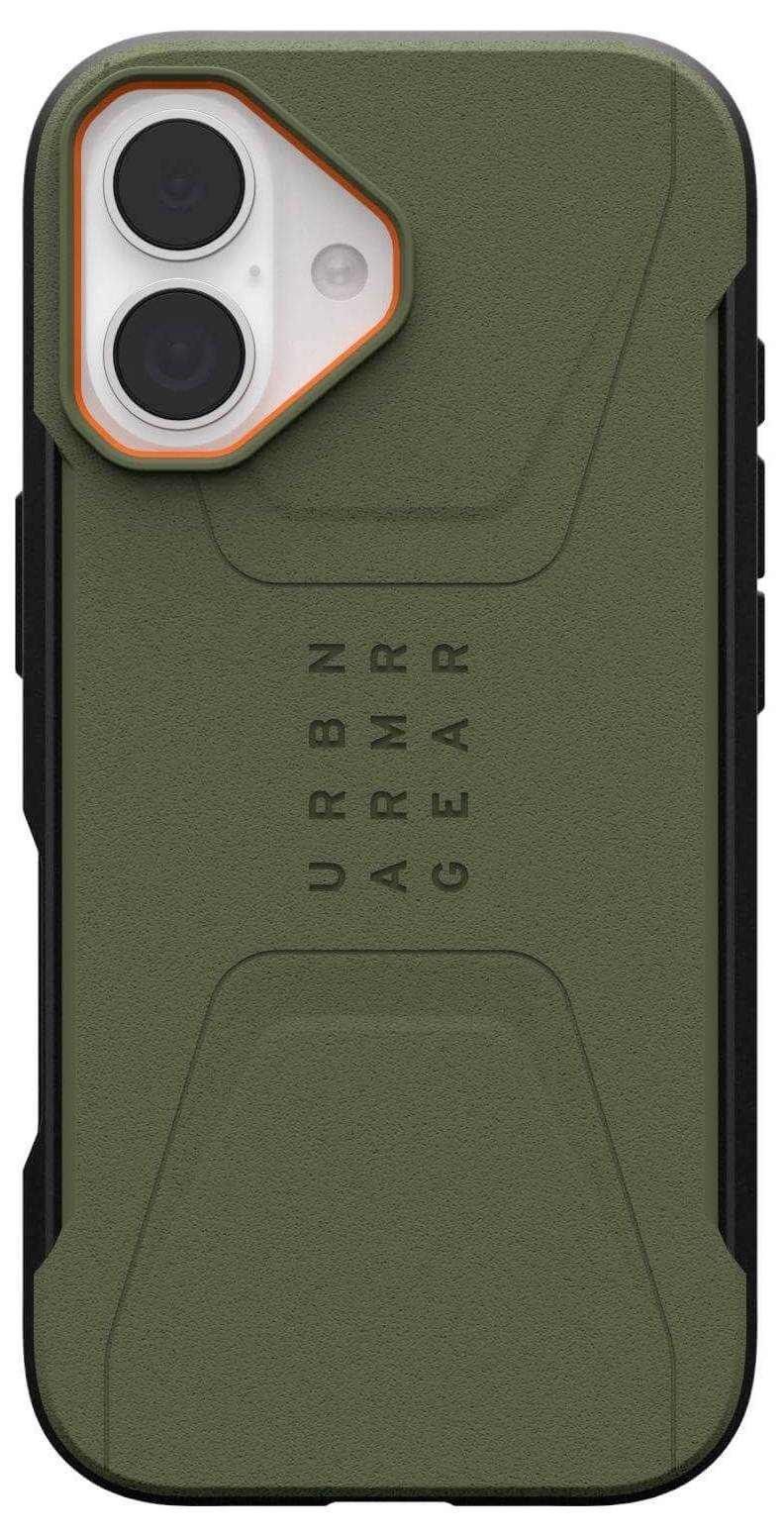 Ein robustes Handyhülle mit Aussparungen für zwei Kameraobjektive, mit einer grünen strukturierten Oberfläche und vertikal eingeprägtem Schriftzug 'URBN ARMR GEAR'.