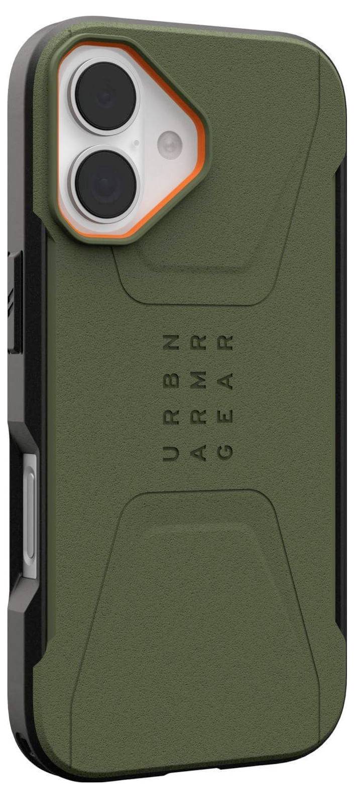 Ein robustes grünes Handygehäuse mit doppelten Kameraöffnungen, gekennzeichnet mit 'URBN ARMR GEAR', entwickelt für Haltbarkeit und Schutz.