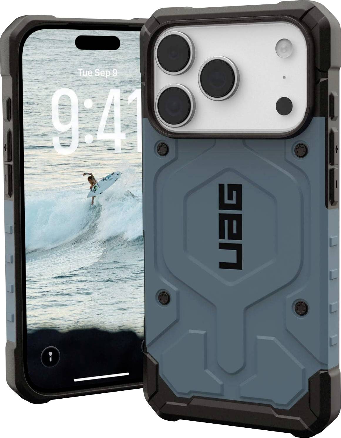 Eine robuste Handyhülle mit blauer Rückseite und erhabener Struktur, die ein Smartphone mit einem surferisch gestalteten Sperrbildschirm um 9:41 Uhr verdeckt.