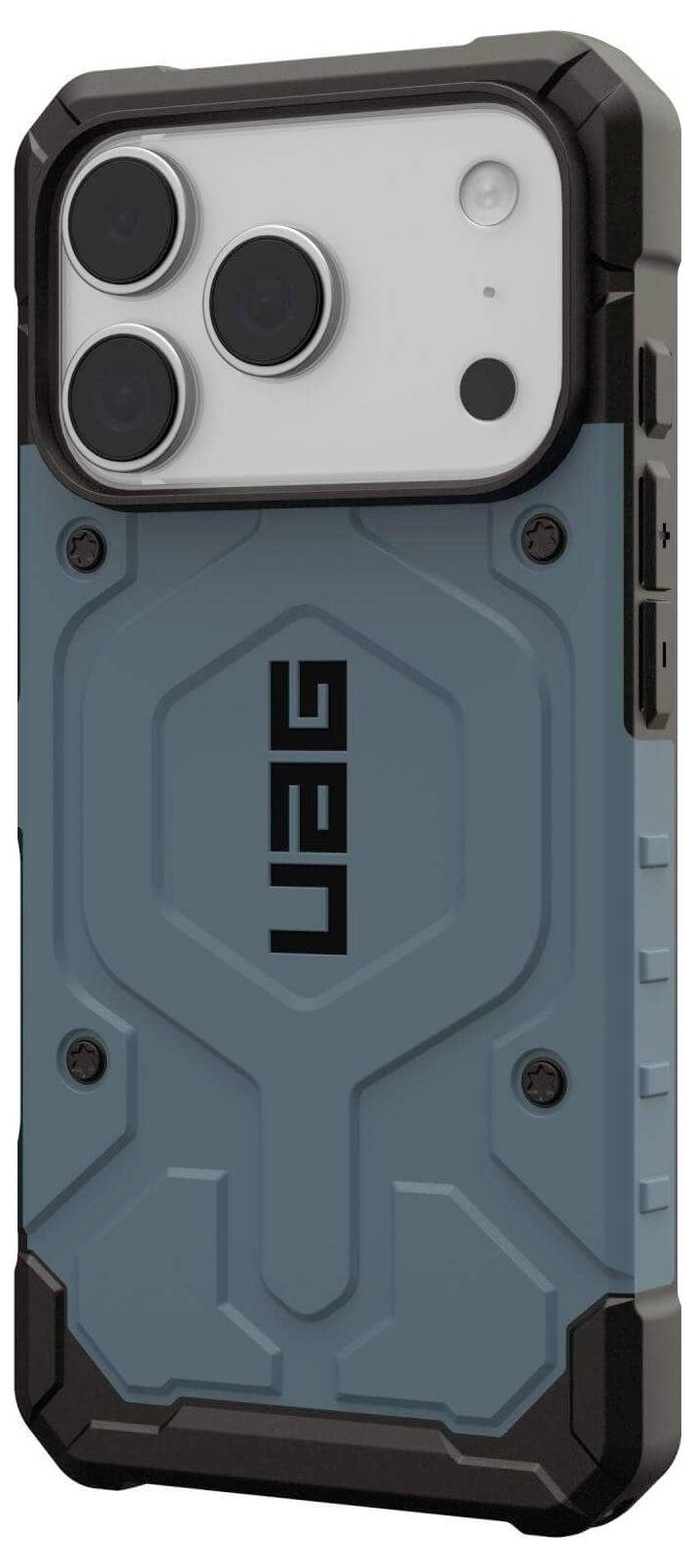 Ein Telefon in einem robusten, blauen UAG Schutzgehäuse mit Fokus auf die Kameraobjektive und verstärkte Ecken.