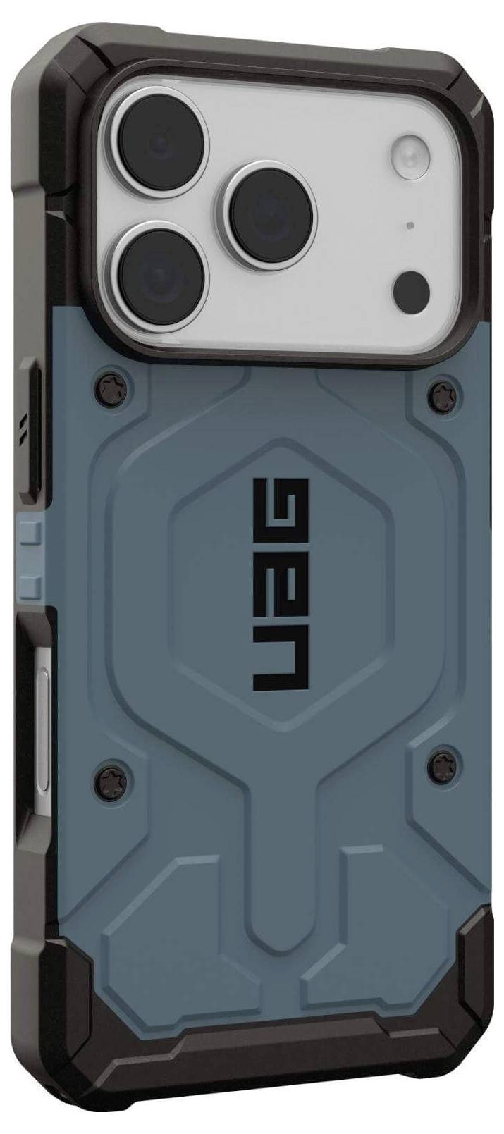 Ein robustes Smartphone-Gehäuse mit einem petrolblauen gepanzerten Design und schwarzen Akzenten, mit Kamera-Aussparungen und dem 'UAG' Logo in der Mitte.