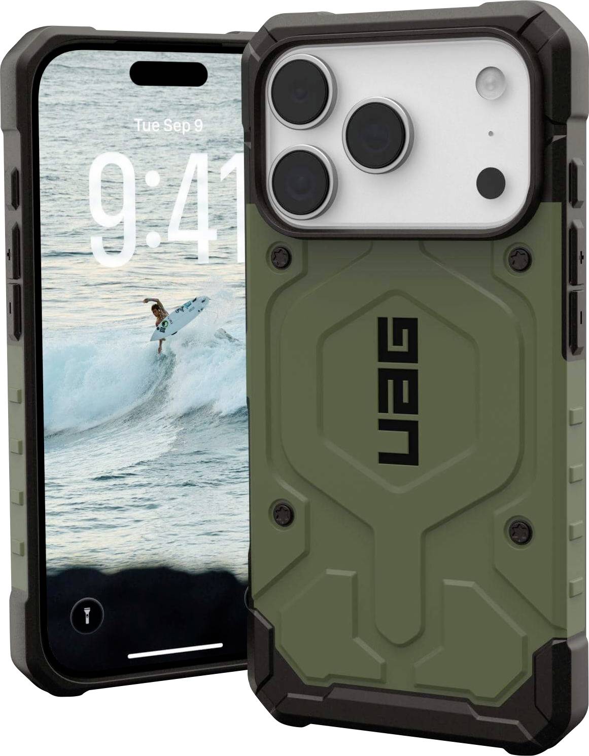 Robustes grünes UAG-Handyhülle auf einem Smartphone, das einen Surfer auf einer Welle zeigt. Der Bildschirm des Telefons zeigt die Uhrzeit '9:41' und das Datum 'Di. 9. Sep'.