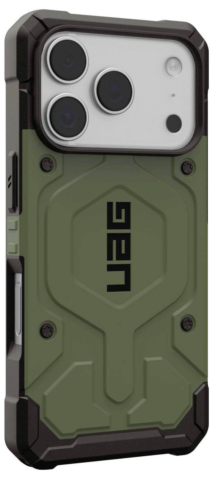 Ein robustes, olivgrünes Handyhülle mit stabiler Konstruktion, die drei große Kameraaussparungen und das ‚UAG'-Logo auf der Rückseite aufweist.