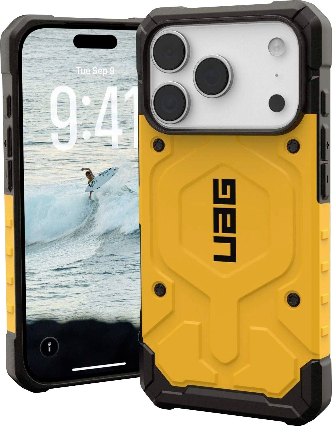 Surfingfoto auf dem Handybildschirm mit robustem gelbem UAG-Gehäuse.