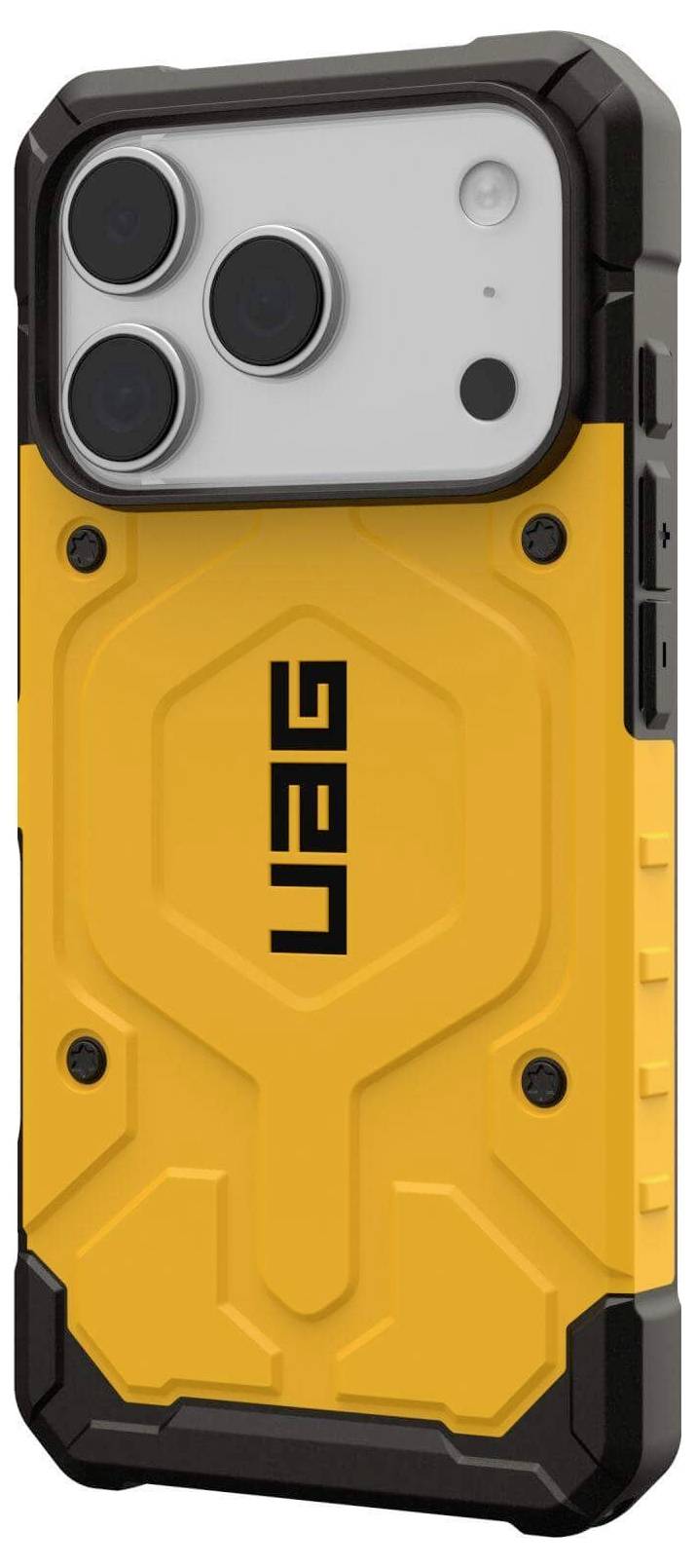 Ein Smartphone mit einem gelben UAG Schutzcase, das ein robustes Design aufweist und große, hervorstehende Kameraobjektive auf der Rückseite besitzt.