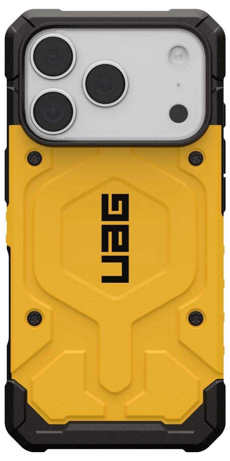 Ein robustes, gelbes Smartphone-Gehäuse mit schwarzen Kanten und dem Aufdruck 'UAG' auf der Rückseite, das ein Smartphone mit drei Kameraobjektiven schützt.