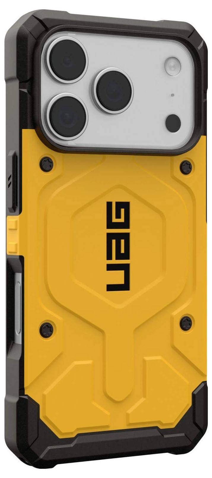 Ein robustes Handygehäuse mit einem gelben und schwarzen Design. Das Gehäuse verfügt über große Tasten, verstärkte Ecken und eine strukturierte Rückseite für besseren Grip.