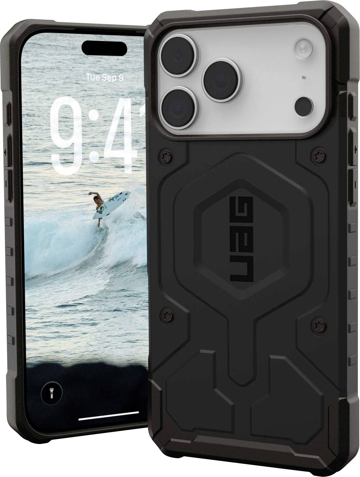 Ein Smartphone mit einem robusten schwarzen Gehäuse. Der Bildschirm zeigt einen Surfer auf einer Welle und die Uhrzeit '9:44' am 'Di, 9. Sep'. Das Gehäuse trägt das 'UAG' Logo.