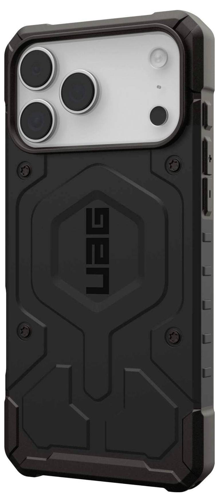 Ein robustes schwarzes Handygehäuse mit verstärkten Ecken und strukturierter Oberfläche, entwickelt zum Schutz eines Smartphones mit Dual-Kamera.