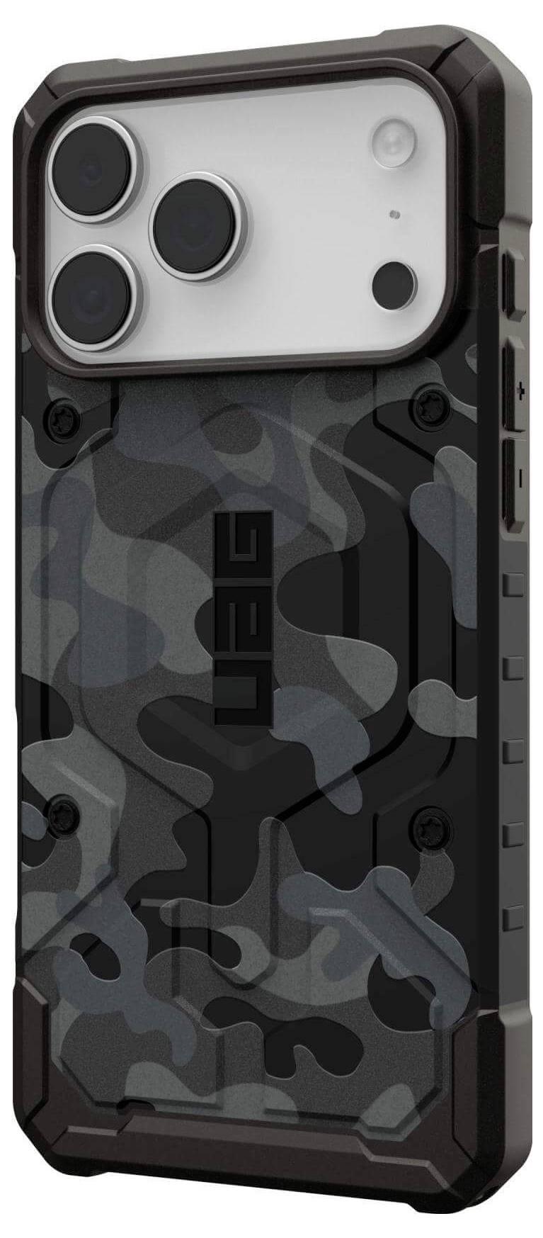 Ein robustes Smartphone-Gehäuse in schwarzem und grauem Tarnmuster mit stabiler Konstruktion, ausgestattet mit verstärkten Ecken und Aussparungen für Kamera und Bedienelemente.