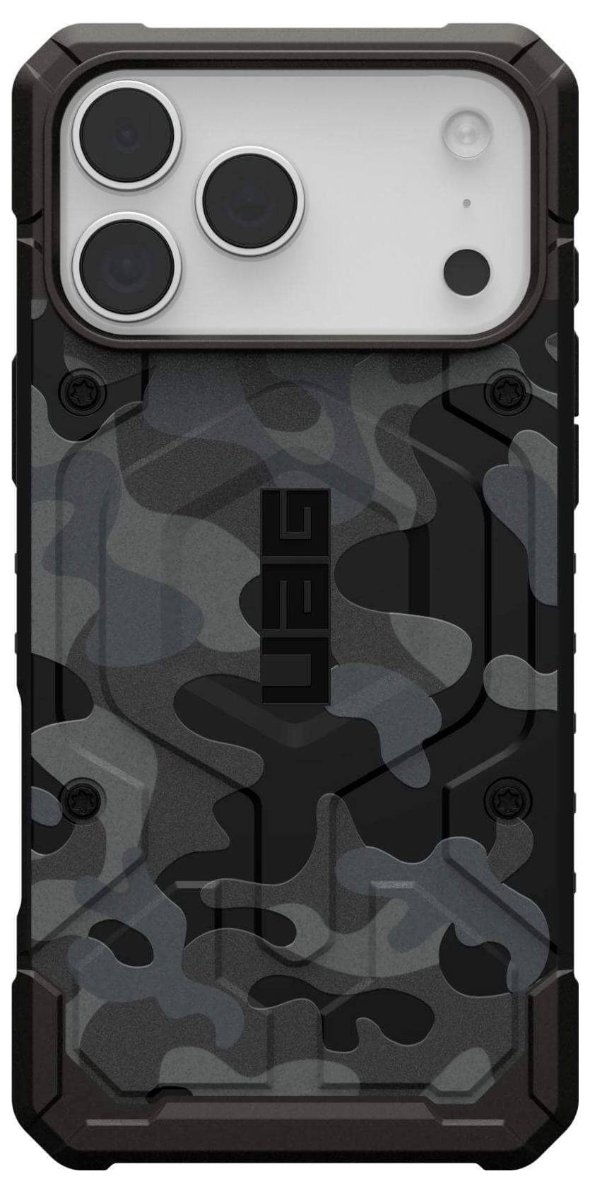 Ein robustes, getarntes Handyhülle mit widerstandsfähigem Design, das ein dunkelgraues und schwarzes Muster aufweist und zum Schutz eines Smartphones geeignet ist.