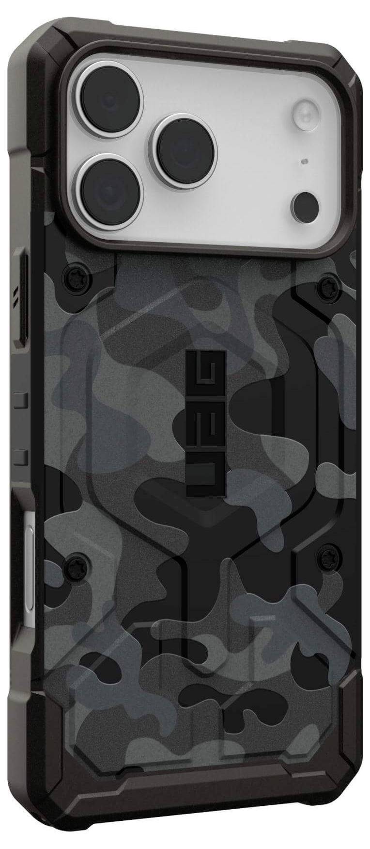 Eine robuste Handyhülle mit einem schwarzen und grauen Tarnmuster, die verstärkte Ecken und drei markante Kameraöffnungen aufweist.