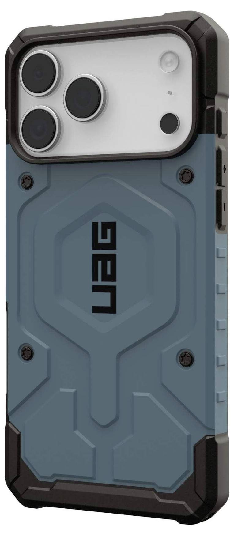 Ein robustes, blaues UAG Handyhülle mit einem Schutzdesign und verstärkten Ecken, entwickelt für ein Smartphone mit Dual-Kameras.