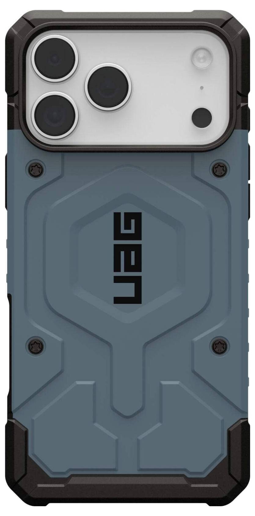 Ein robustes Smartphone-Gehäuse in Blau und Schwarz, das ein sechseckiges Muster mit dem 'UAG'-Logo zeigt. Mit Kameraausschnitten für drei Linsen.