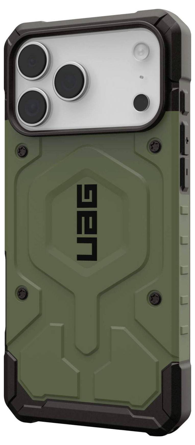 Ein robustes Smartphone-Gehäuse in Grün und Schwarz mit geometrischem Muster und großer Kamera-Aussparung, auf dessen Rückseite das 'UAG' Logo zu sehen ist.