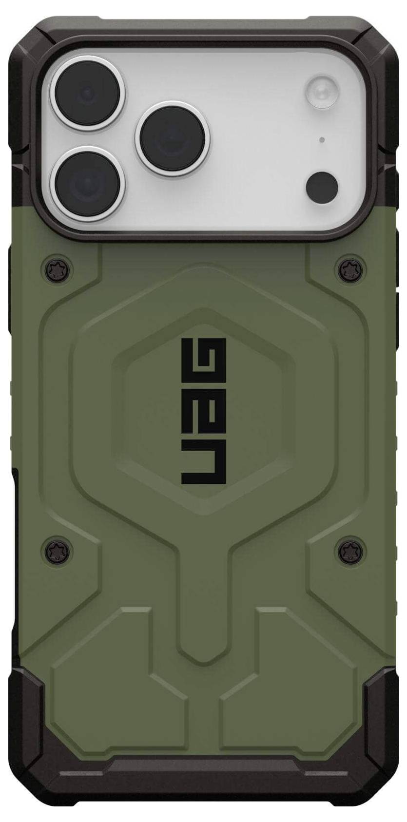 Ein robustes Smartphone-Gehäuse mit einem grün-schwarzen Design, das auffällige Kameraausschnitte und das 'UAG'-Logo auf der Rückseite aufweist.