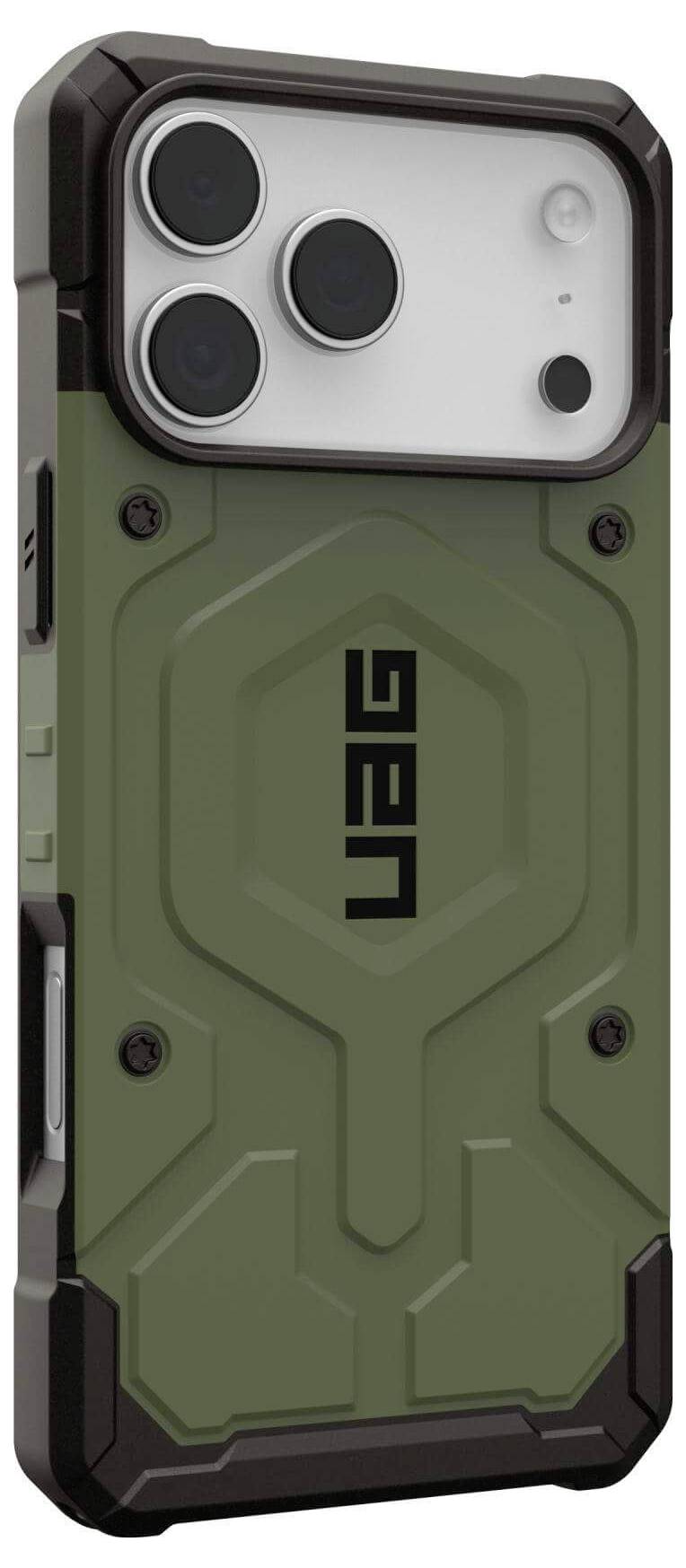 Eine robuste Handyhülle in Grün und Schwarz mit industriellem Design, die ein erhöhtes sechseckiges Muster und eine markante Kameraausnehmung aufweist.