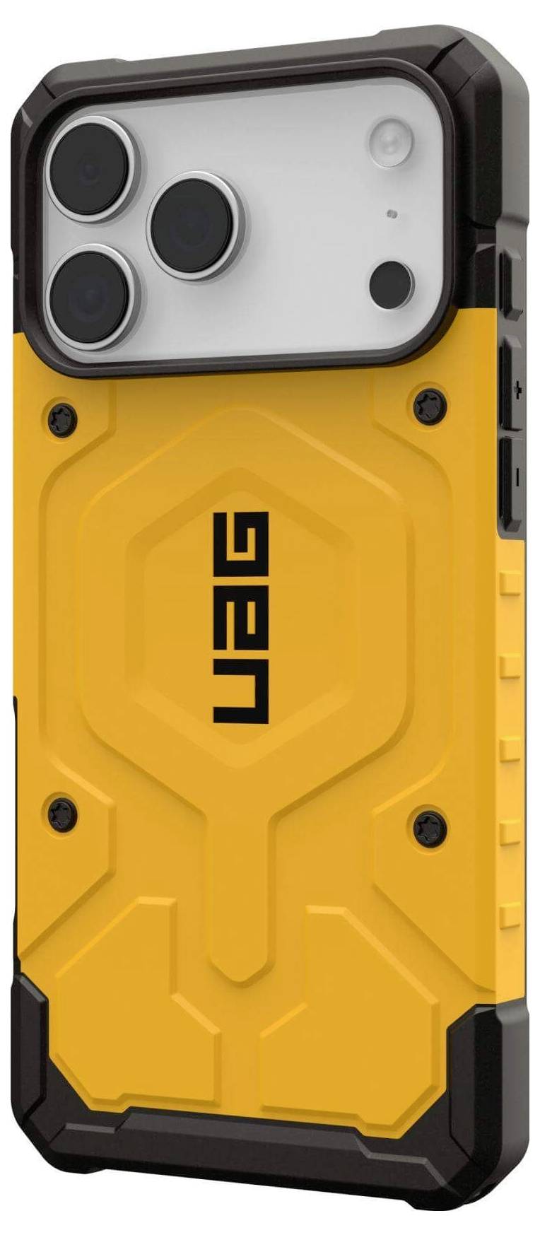 Ein robustes gelbes Smartphone-Gehäuse mit schwarzen Akzenten, das ein markantes UAG-Logo trägt und für Haltbarkeit und Schutz konzipiert ist.