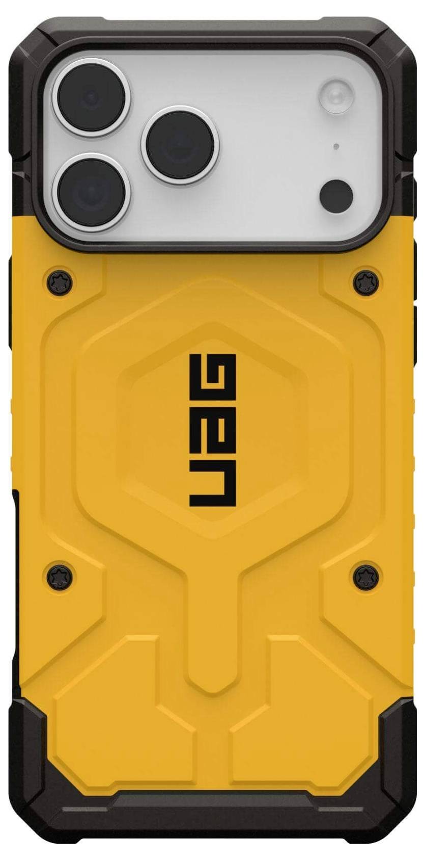 Ein robustes gelbes Handyhülle mit UAG-Branding und verstärkten schwarzen Kanten für verbesserten Schutz.