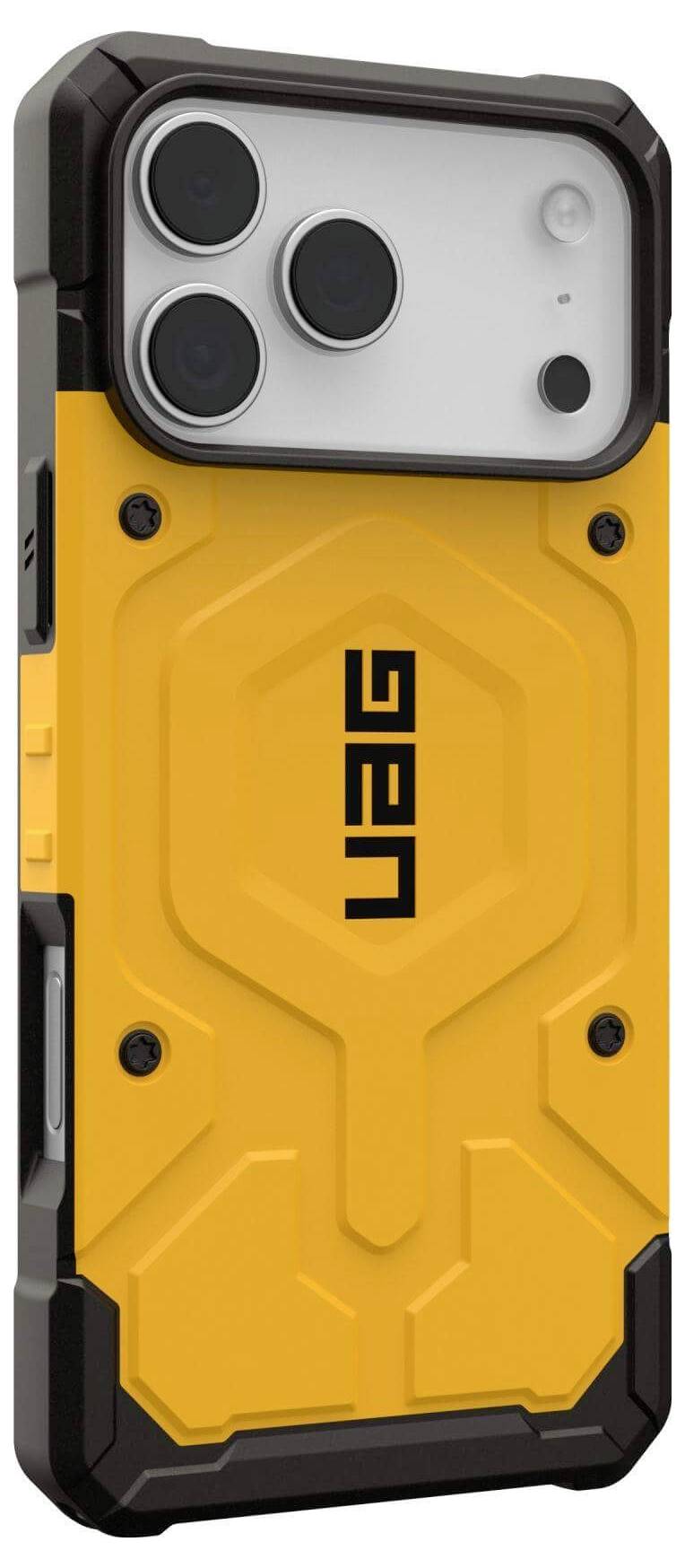 Ein robustes gelbes Handyhülle mit einer strukturierten Oberfläche und verstärkten schwarzen Kanten, mit dem UAG-Logo versehen, für maximalen Schutz konzipiert.