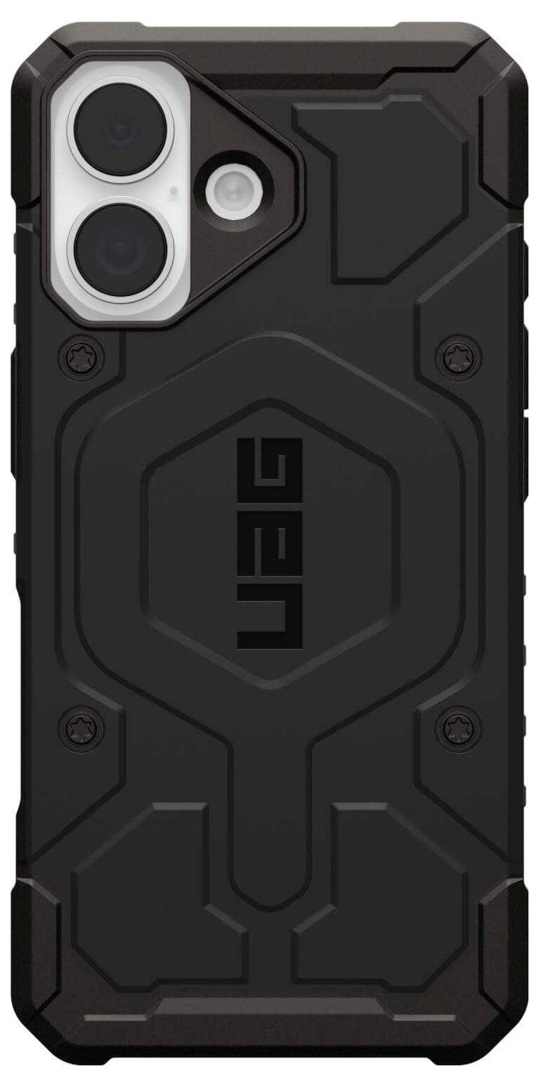 Ein robustes schwarzes Smartphone-Gehäuse mit sechseckigen und kantenbetonten Details, das große Aussparungen für Dual-Kameras und einen Blitz aufweist.