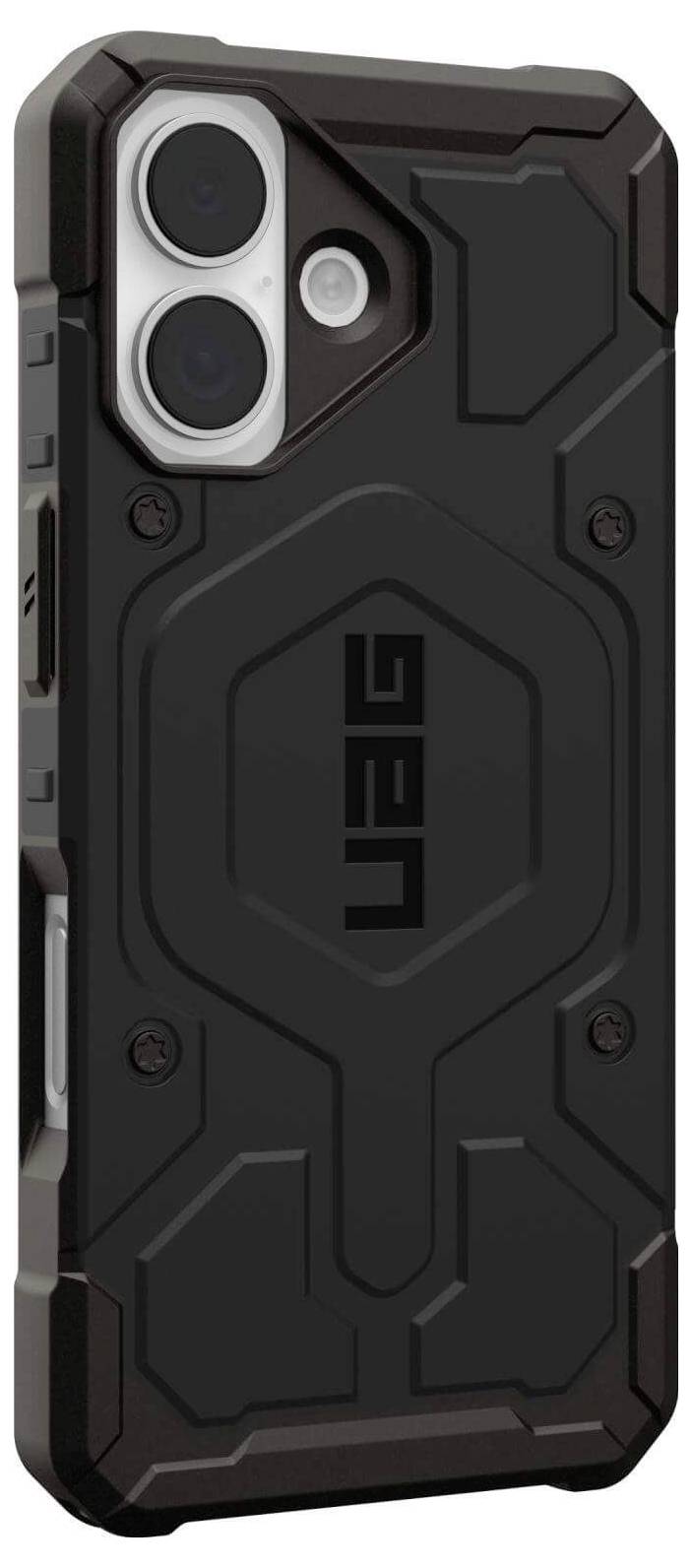 Ein robustes schwarzes Handyhülle mit erhöhten Kanten und geometrischem Design, mit großen Kameraaussparungen und dem Logo 'UAG' auf der Rückseite.