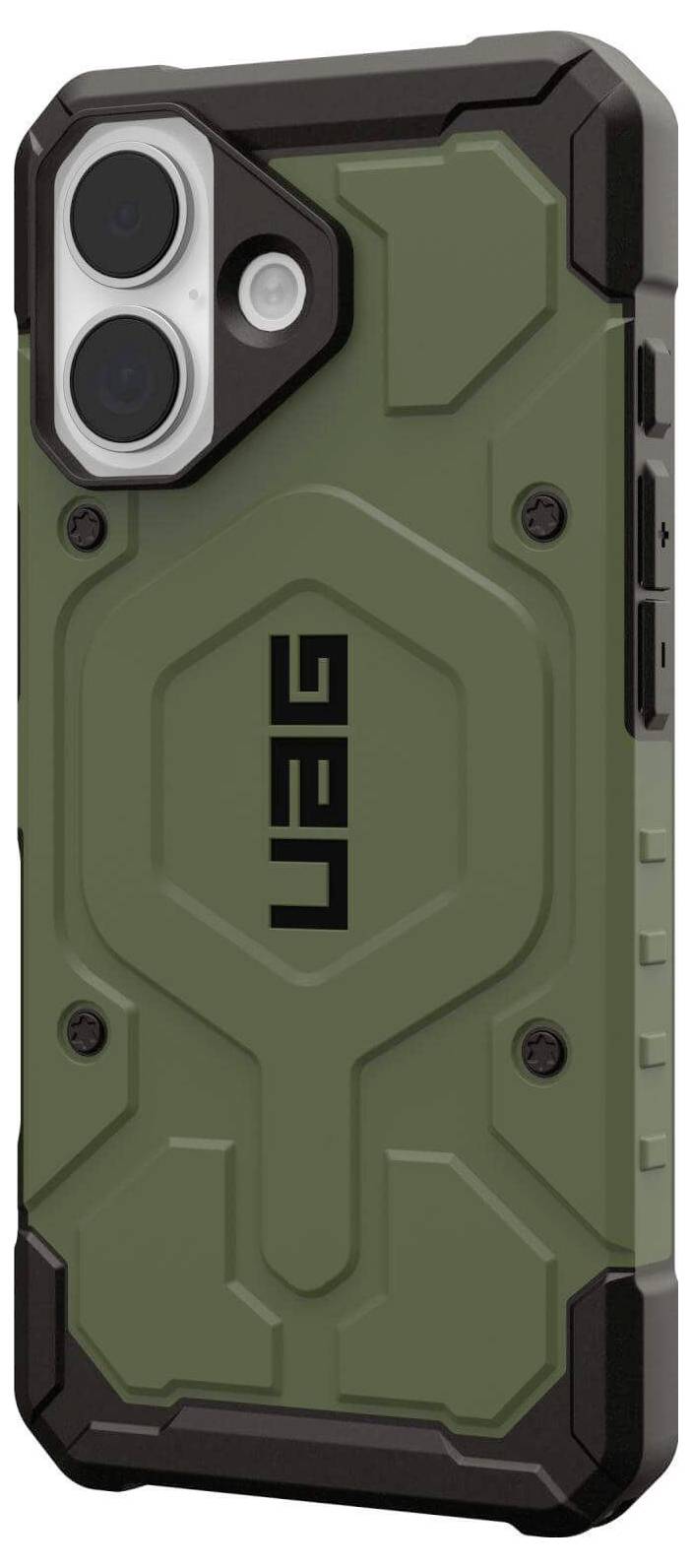 Ein robustes grünes Handygehäuse mit geometrischem Muster und Aussparung für die Dual-Kamera, entwickelt für Schutz und Langlebigkeit.