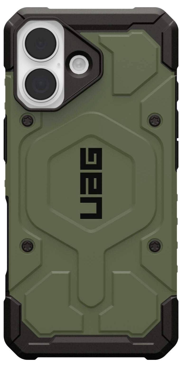 Ein robustes, grünes UAG-Handyhülle mit schwarzen Akzenten, entwickelt für Dual-Kamera-Kompatibilität, mit UAG-Branding in der Mitte.