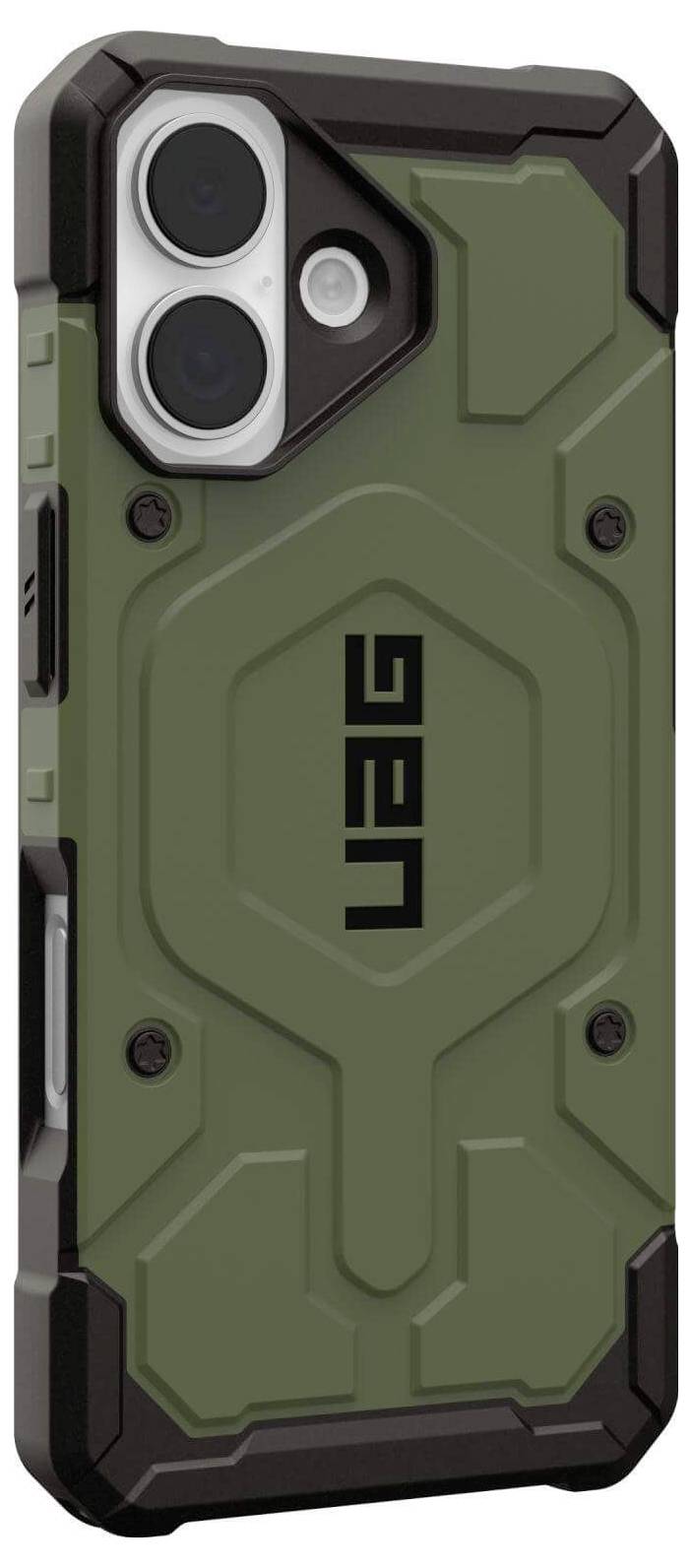 Ein robustes, militärisch inspiriertes Telefon-Gehäuse in Olivgrün mit schwarzen Akzenten, das das 'UAG' Logo trägt und für Strapazierfähigkeit und Schutz konzipiert ist.