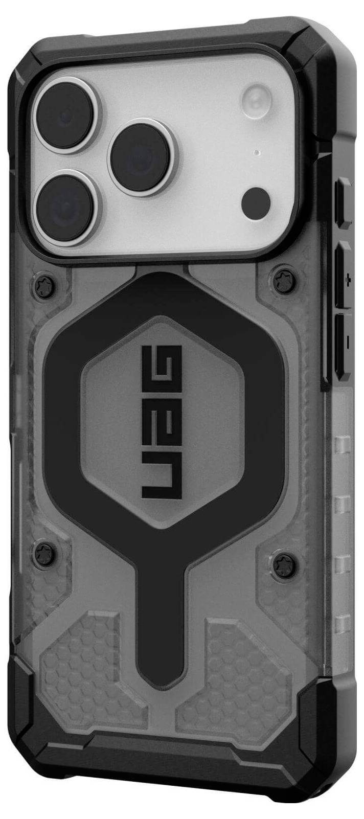 Eine robuste, transparente Handyhülle mit einem schwarzen Design und dem Text ‚UAG' auf der Rückseite, die entwickelt wurde, um ein Smartphone zu schützen.