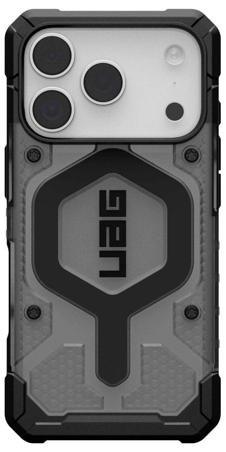 Eine robuste Handyhülle mit einer strukturierten Oberfläche, die verstärkte Ecken und ein Design mit dem UAG-Logo aufweist.