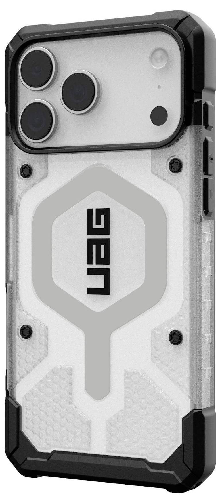 Ein weißer und schwarzer robuster Smartphone-Schutzcase mit 'UAG'-Logo, ausgestattet mit verstärkten Ecken und hexagonalen Mustern für optimalen Schutz.