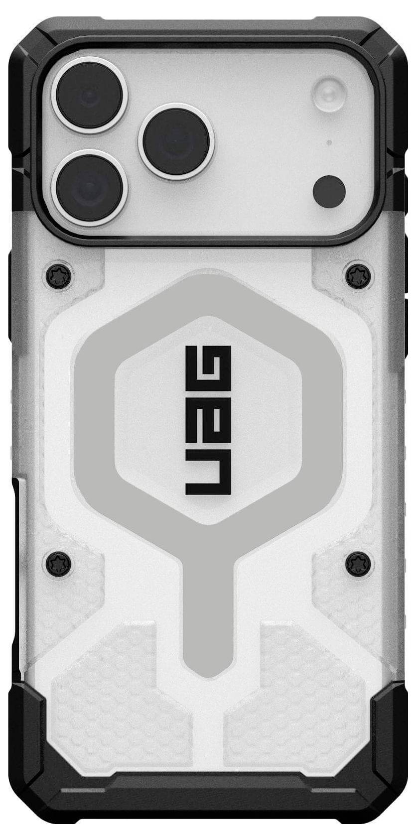 Eine weiße und schwarze robuste Handyhülle mit strukturiertem Design und dem Logo 'UAG', das prominent auf der Rückseite angebracht ist.