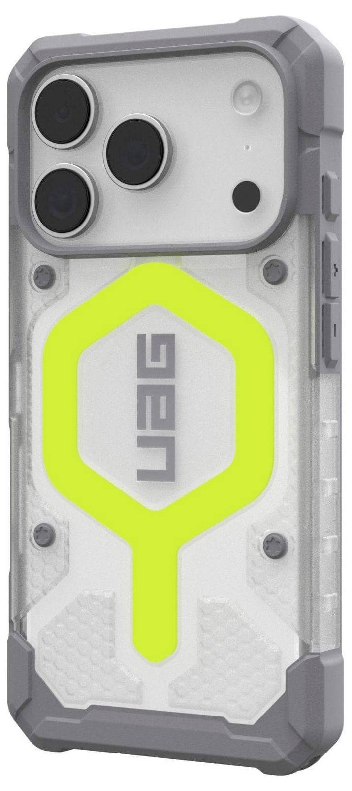 Ein Smartphone mit einem robusten, transparenten Gehäuse mit einem Neongelb-Design und drei Rückkameras.