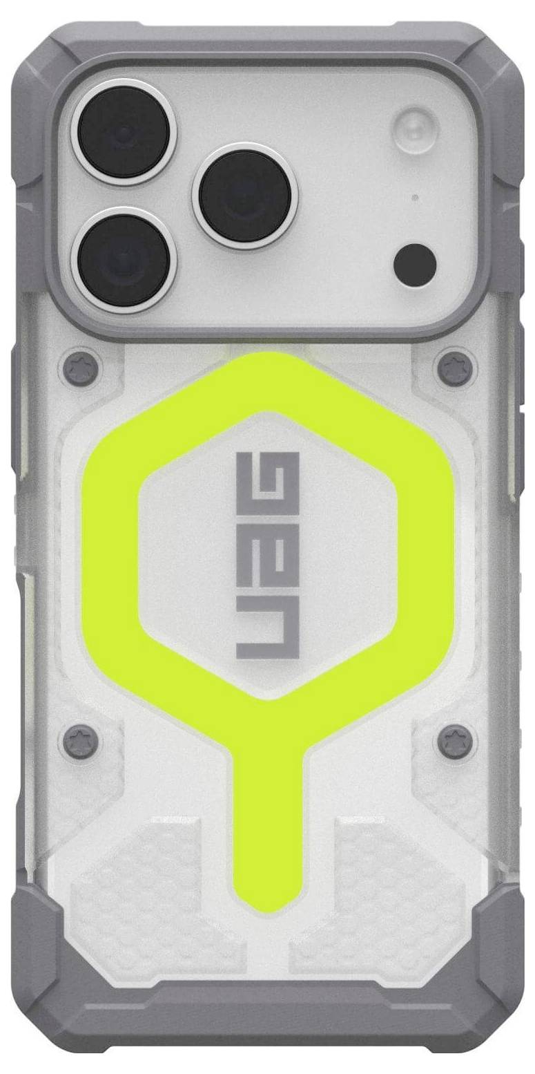 Ein robustes Smartphone-Gehäuse mit drei Kameraöffnungen und einem leuchtend gelben geometrischen Design auf der Rückseite, das das 'UAG' Logo trägt.