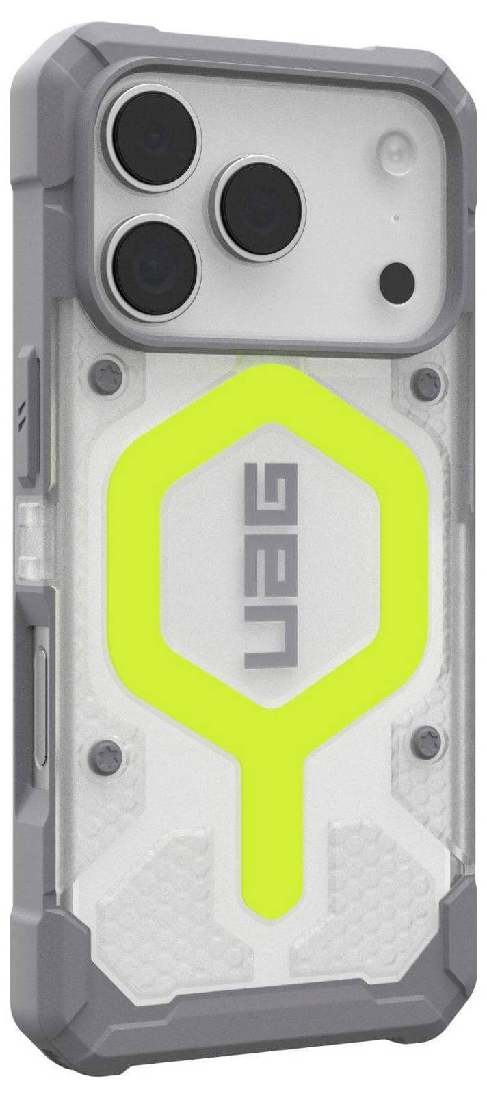 Ein Smartphone mit einem robusten UAG-Gehäuse in einer limettgrünen Ausführung; das Gehäuse ist schützend und unterstreicht die Strapazierfähigkeit mit verstärkten Ecken.