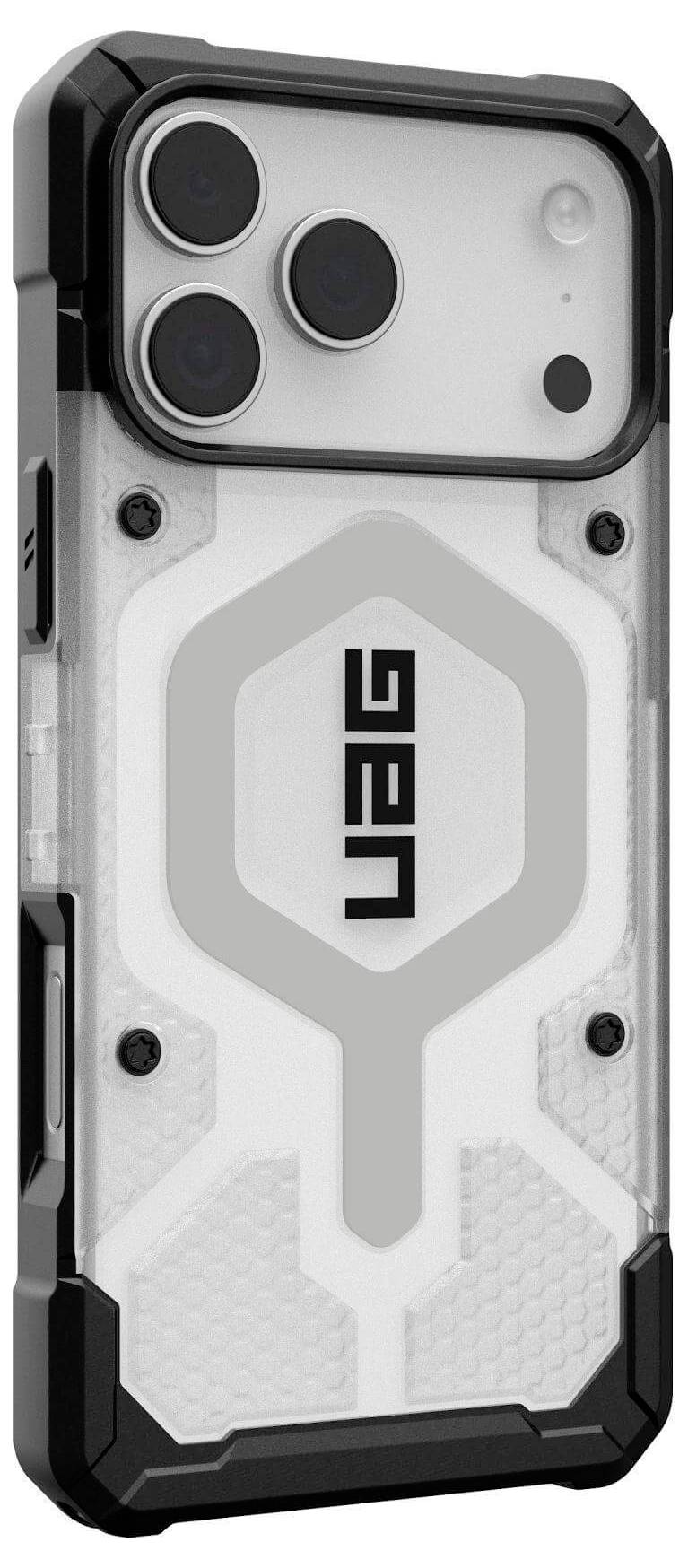 Eine robuste Smartphone-Schutzhülle mit einem widerstandsfähigen Design, ausgestattet mit drei großen Kameraausschnitten und dem 'UAG'-Logo in der Mitte.